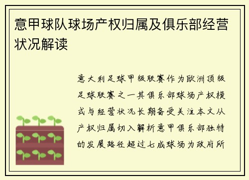 意甲球队球场产权归属及俱乐部经营状况解读